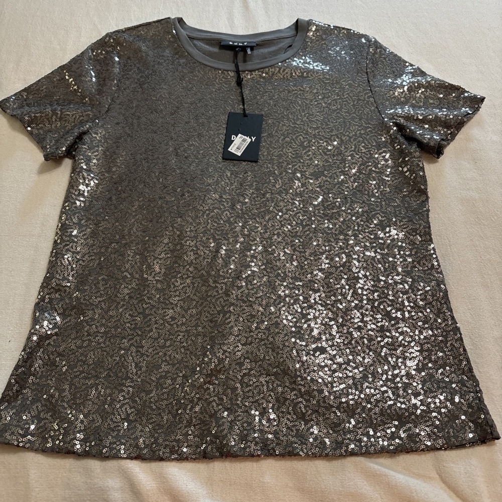 DKNY City Bloom Sequin Women's Sz L Gray Silver Sparkle Blouse NWT Holiday Party